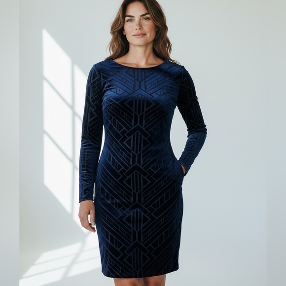 Vince Camuto Dresses & Skirts - Vince Camuto size 4 Geometric Patterned Dress. Velour w stretch. Dark blue.
